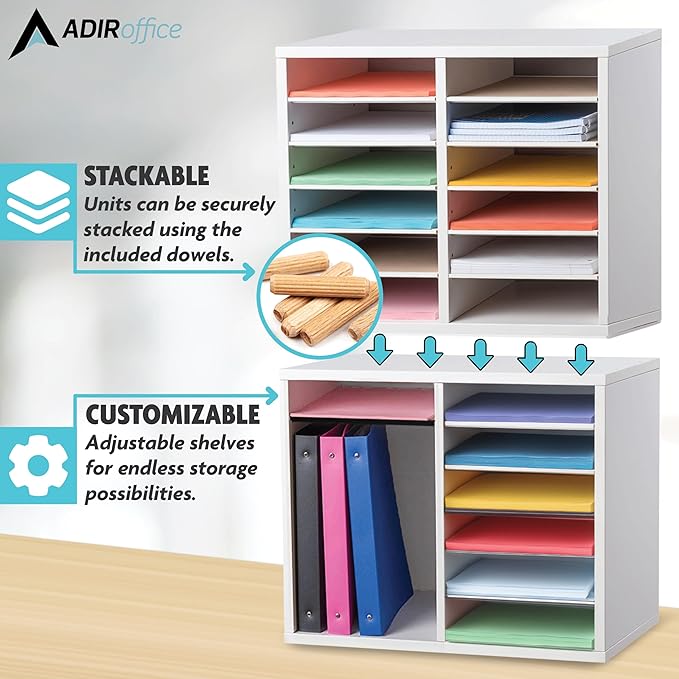 AdirOffice Wooden Adjustable Literature Organizer, 12 Compartment Office Mailbox, or Classroom Literature Organizer, White