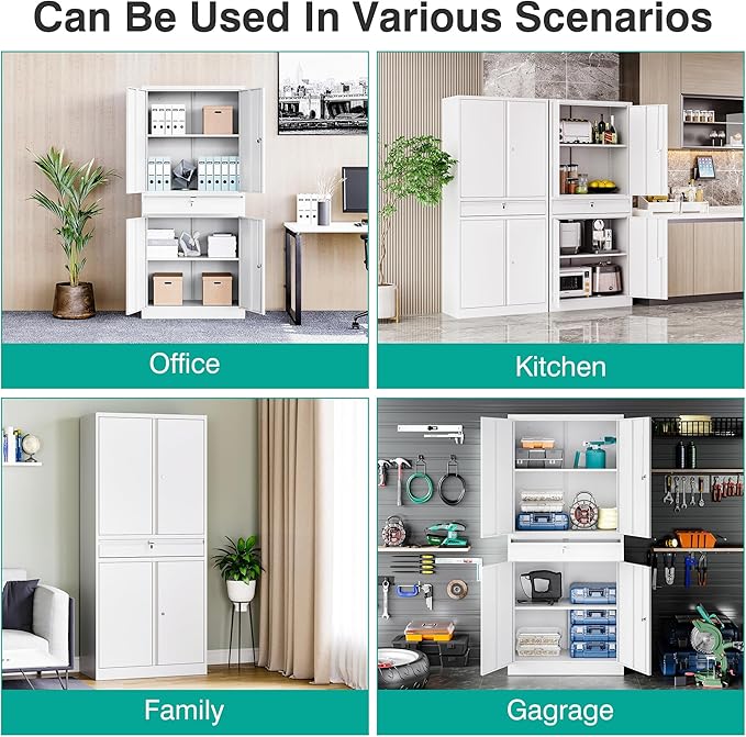 SISESOL White Metal Storage Cabinet with Drawer and Locks,Garage Storage Cabinet with Locking Doors and Adjustable Shelves,71" Tall Large Metal Cabinets with Magnetic Door for Home,Office,Garage