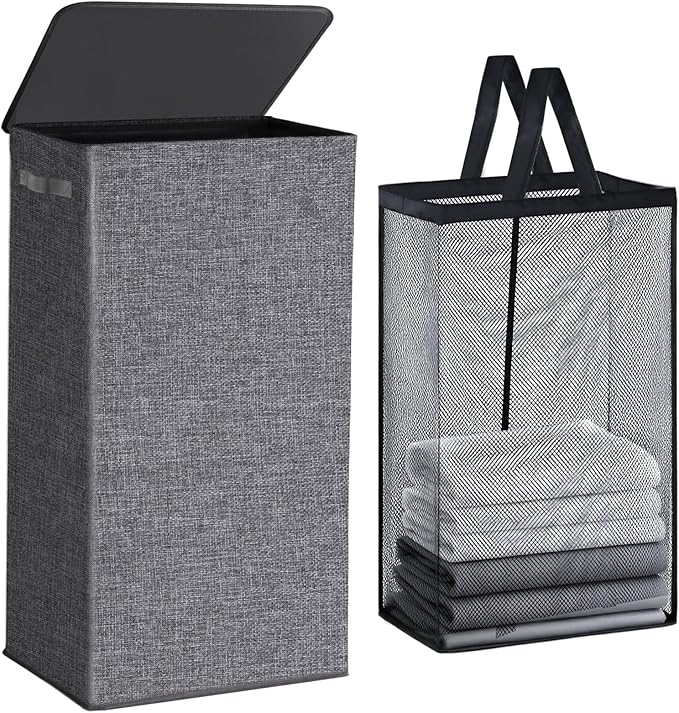 Collapsible Laundry Hamper with Lid 100L, Large Laundry Basket with Removable Mesh Bag for Bedroom, Bathroom,Closet, Dorm(Grey)