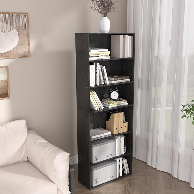 Wooden 6 Tier Book Shelf, 6 Cube Storage Organizer,6 Tier Low Bookcase Storage Display Organizer, 64 Inch Versatile Cubes Shelf and Cubby Unit for Any Space (Black, 6 Cube-W(23.6inch)