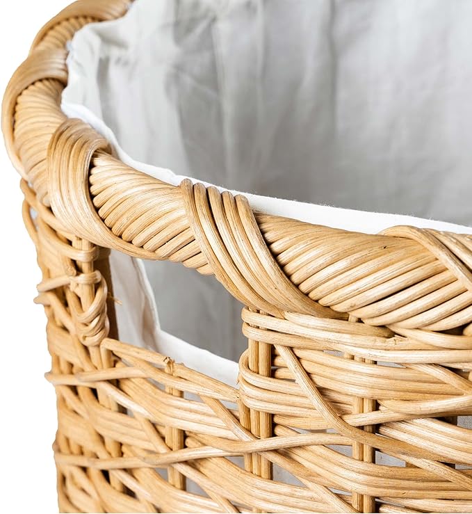 The Basket Lady Round Wicker Laundry Hamper, Large, 19 in Dia x 25 in H, Sandstone