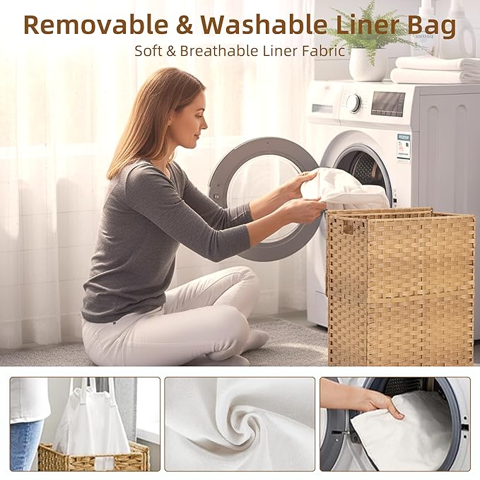 Woven Laundry Basket with Lid, Large Hamper with Removable and Machine-Washable Liner, Foldable Rattan Clothes Hamper, Sturdy Steel Frame, Odor Control, 90L Capacity, Goose Yellow