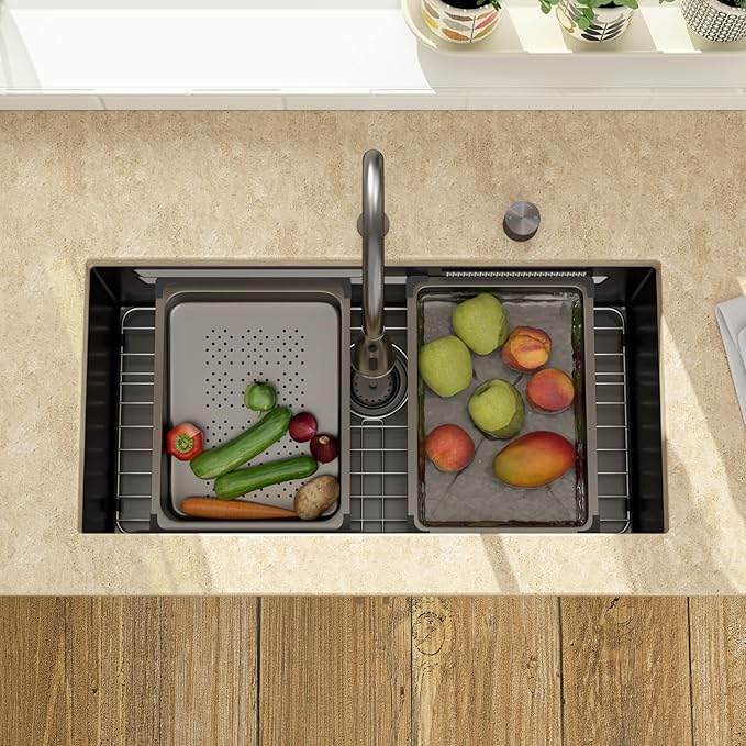 Lordear 30 Inch Waterfall Kitchen Sink Black - Undermount Kitchen Sink Workstation Stainless Steel 16 Gauge Single Bowl NANO-PVD Handmade Under Counter Smart Kitchen Sinks With Faucet