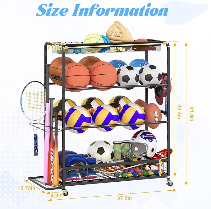 Garage Sports Equipment Organizer,Sports Ball Organizer with Wheels,Basket,Ball Organizer with Baseball Bat Rack and HooksToy Storage Rolling Cart-Black