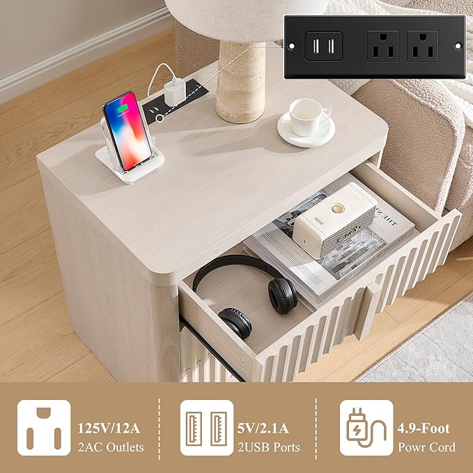 23.6" Nightstand Set of 2 with Charging Station, Side Table with 3 Large Storage Drawers, Mid Century Modern Night Stand with Solid Wood Handle, Bedside End Table for Bedroom, Living Room