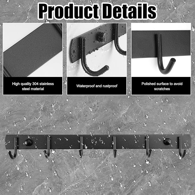 2 Pack Coat Rack Wall Mount, 12.6 in Wall Hooks for Hanging, 6 Coat Hooks for Hanging Coats Hats Towels Keys and Bags, Closet and Entryway Hanger for Bathroom Bedroom Kitchen (Black)