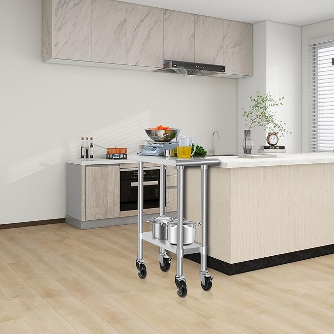 HARDURA Stainless Steel Commercial Table Prep & Work Table with Casters Heavy Duty Metal Table with Wheels NSF 430 30×12 Inches