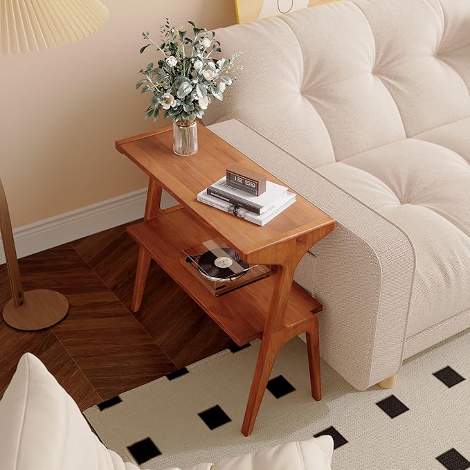 Solid Wood End Table, 2-Tier Side Table with Storage Shelf, Wooden Modern Accent Slim Bedside Table for Sofa, Living Room, Bedroom, Small Space, Easy Assembly, Cherry