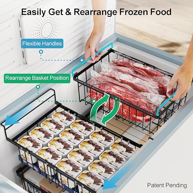 iSPECLE Deep Freezer Organizer Bins - 3 Pack Large Freezer organizer Bins, Hanging Basket Expands to 22.6" (L), Stackable Bins Expand to 17.1"(L), Fit 10 to 20 Cu.FT, 1 Hanging & 2 Stacking, Black