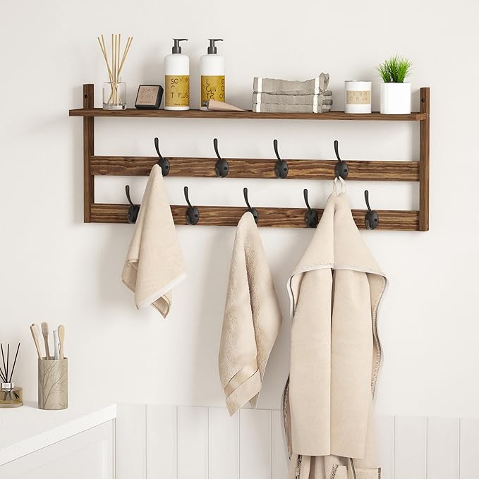 AMBIRD Coat Rack Wall Mount with Shelf, 29" Coat Hooks Wall Mounted with 9 Metal Hooks for Entryway, Bathroom, Bedroom, Living Room, Kitchen, 2 Tier Wall Hooks for Clothes, Hat, Towel, Key, Purse