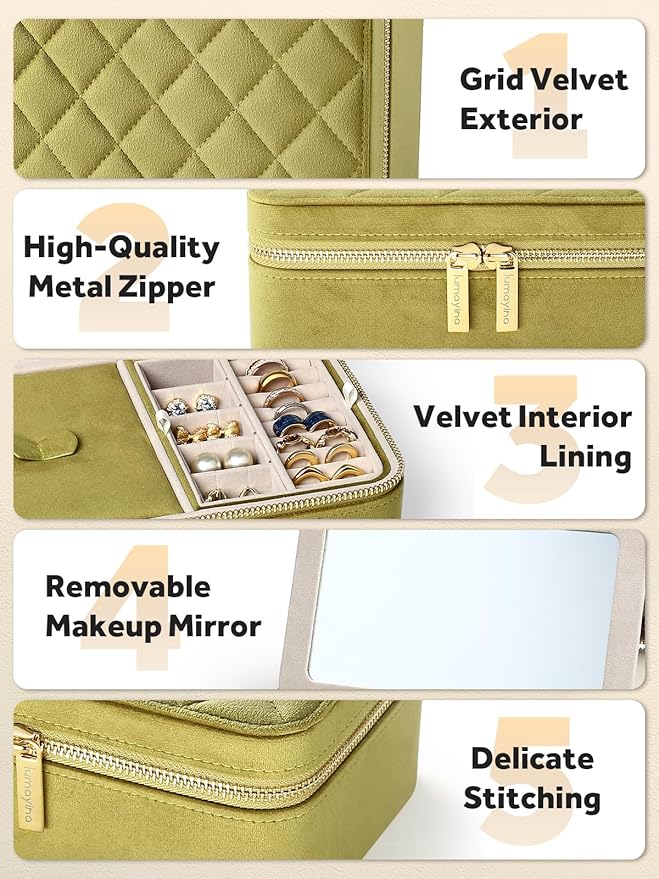 Velvet Travel Jewelry Box with Large Mirror, Double-Layer Jewelry Organizer Case for Women and Girls, Portable Storage Case with 6 Anti-Tarnish Bags Gift Ready for Her (Avocado Green)