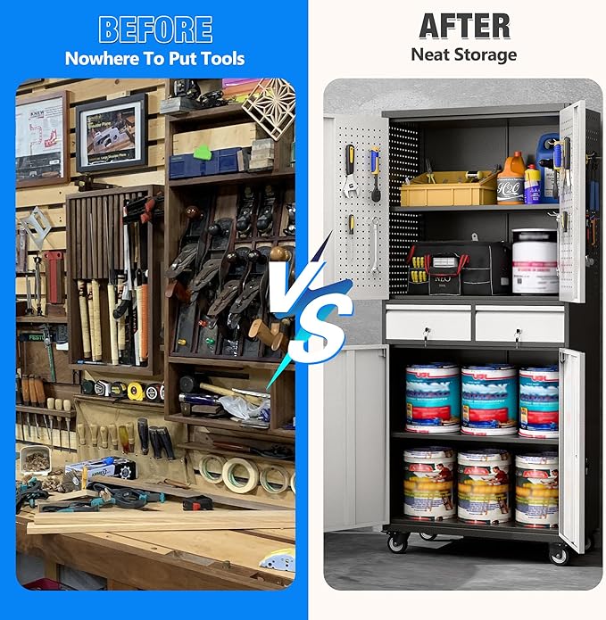 71''H Metal Storage Cabinet with Wheels & Pegboard,Rolling Lockable Tool Cabinet with Adjustable Shelves & 2 Drawer for Garage,Offices,Homes,Pantries Assembly Required