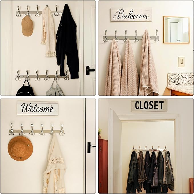 Dseap Coat Rack Wall Mount 2.0 Pro: 24” Long, 3X Tougher, Heavy Duty Stainless Steel Wall Coat Hanger with 6 Tri Hooks for Clothes Jackets Hats Entryway Closet, Chromed, Pack of 2