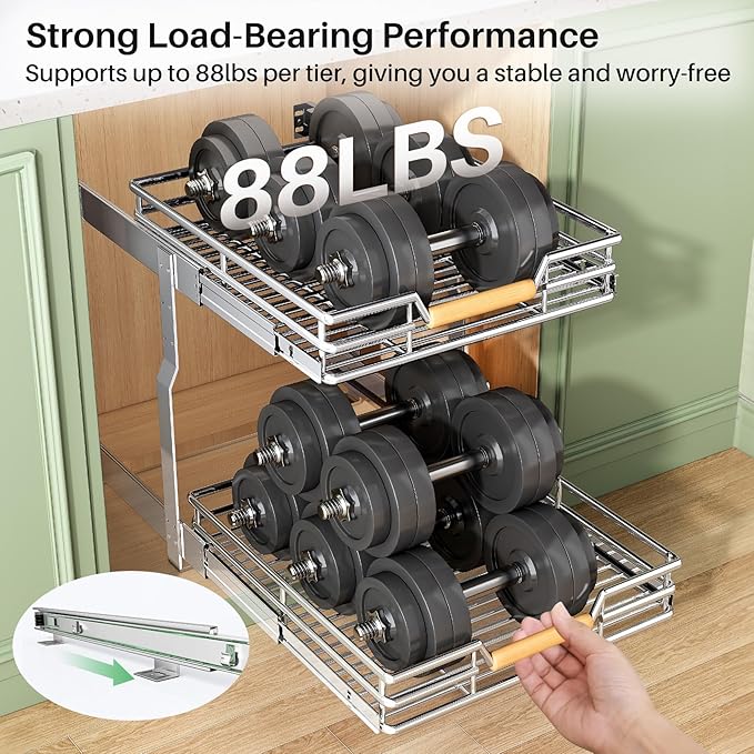 Pull out Cabinet Organizer, 2 Tiers 15"W X 21"D, Heavy Duty Smooth Sliding Under Cabinet Shelves for Pots and Pans, Full-Extension Roll out Drawers, Slide out Organization for Home Kitchen Pantry
