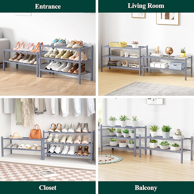 Smiry Bamboo Shoe Rack for Closet, 4 Tier Wooden Stackable Shoe Organizer, Free Standing Shoes Storage Shelf for Entryway, Front Door Entrance, Grey