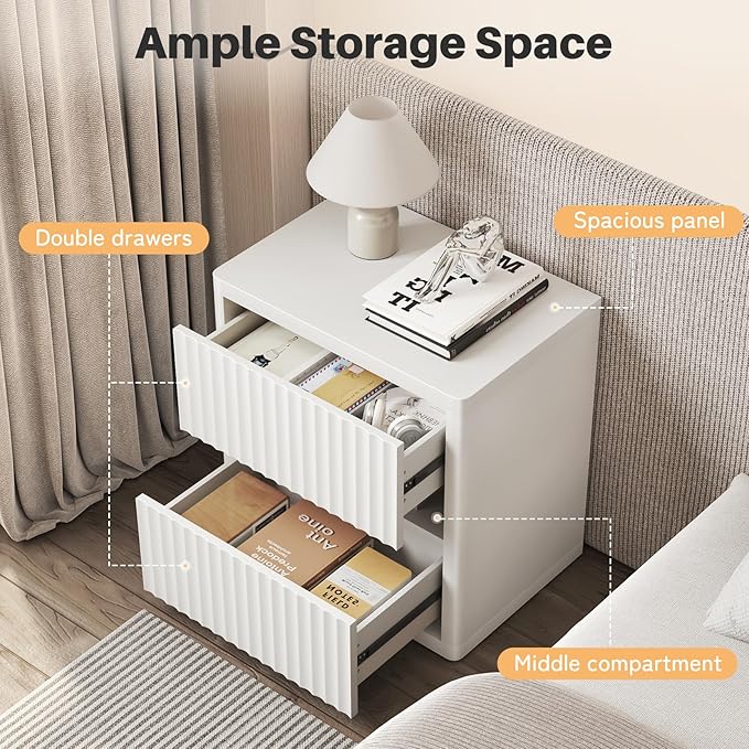 Dripex Fluted Nightstand with 2 Drawers, Large Wide Wood Night Stand Bedside Tables for Bedroom, Mid-Century Modern Storage Bed Side Table, End Tables for Living Room Sofa Couch, White, Set of 1