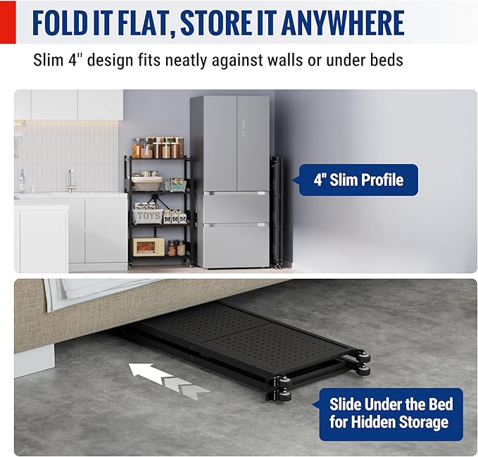 WORKPRO 4-Tier Folding Shelf, No-Assembly Metal Storage Rack with Wheels, 600 lbs Capacity (Without Wheels), Collapsible Shelving Unit for Kitchen, Pantry, Bathroom & Closet Organization