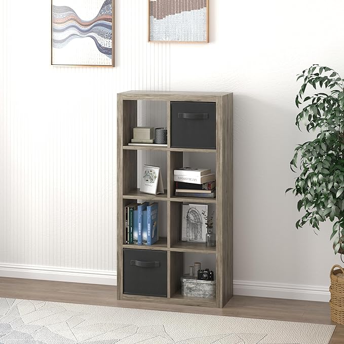 Bookshelf Cube Storage Organizer, 8-Cube Shelf Bookcase with Storage Bin, Modern Wood Open Shelf for Living Room, Bedroom, Home Office, Gray Oak