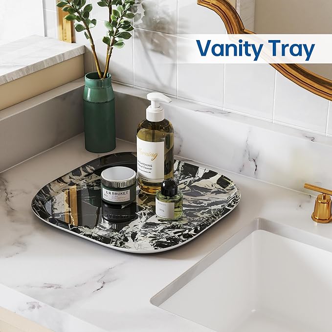 Vanity Decorative Tray, 12" x 12" Black Marble Pattern Perfume Tray, Bathroom Tray Countertop Organizer for Soap Towel, Jewelry, Candle