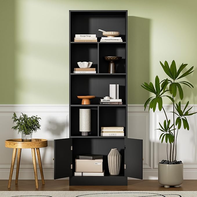 71" Tall Bookshelf with 6 Cubes and 2 Doors, 4-Tier Bookshelf, Open Shelf Bookcase with Cabinet, Modern Cube Storage Organizer for Living Room, and Office, Black