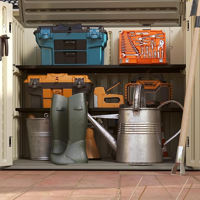 EHHLY Horizontal Resin Storage Shed, 47 Cuft Garden Tool Sheds & Outdoor Storage, Outdoor Plastic Storage Cabinet Waterproof, 4.5 x 2.8 ft Backyard Outside Lawn Mower Storage Shed, Vanilla