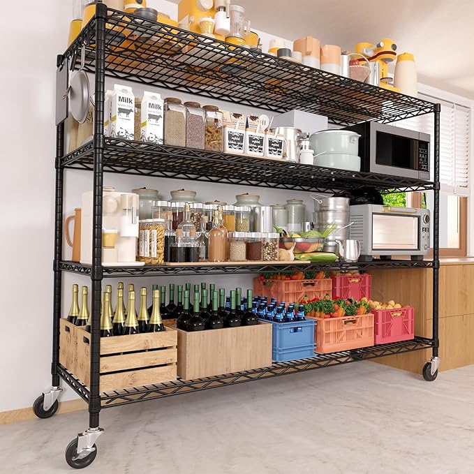 PrimeZone 4 Packs 55.5" W x 24" D x 80" H Heavy Duty Wire Storage Shelves with Wheels, 4 Tier Adjustable NSF Certified Garage Shelving Unit, Rolling Metal Organizer Shelf Rack for Warehouse, Pantry