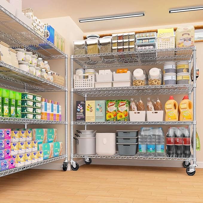 PrimeZone 4 Tier 55.5" Wx24 Dx76 H Wire Shelving with Wheels 2400lbs NSF Certified Storage Shelves Heavy Duty Metal Shelf Adjustable Rolling Rack Commercial Garage Restaurant Warehouse Kitchen 8Pack