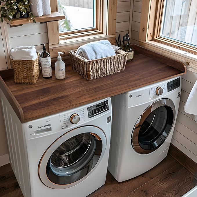 Kaboon Washer Dryer Countertop 58" x 28" Extra Large Version, Melamine Countertop with 3.5" Edge Rails, Laundry Room Organization, Dark Walnut