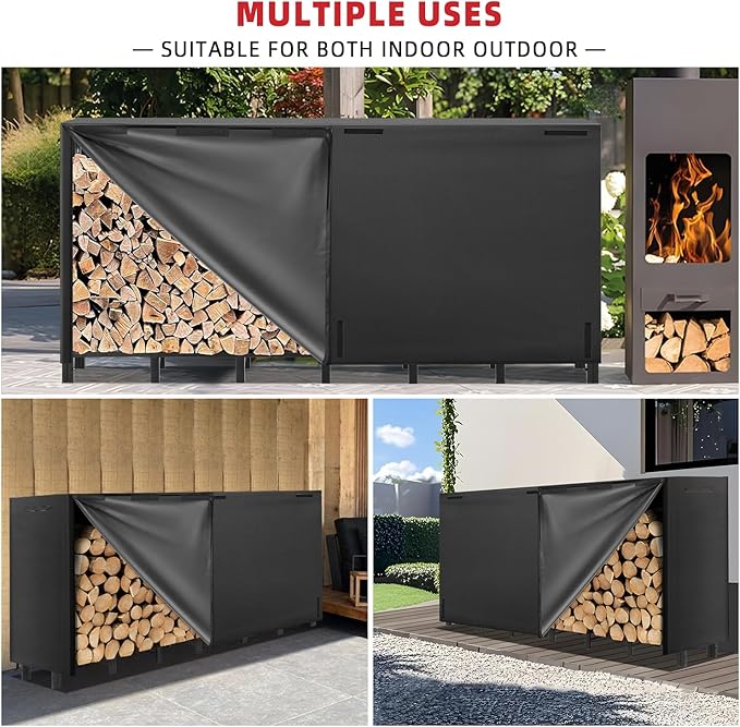 8FT Firewood Rack Outdoor with Cover, Heavy Duty Adjustable Firewood log Storage & Holder, Wood Pile Lumber Storage Rack Stacking Outside for Courtyard Patio.