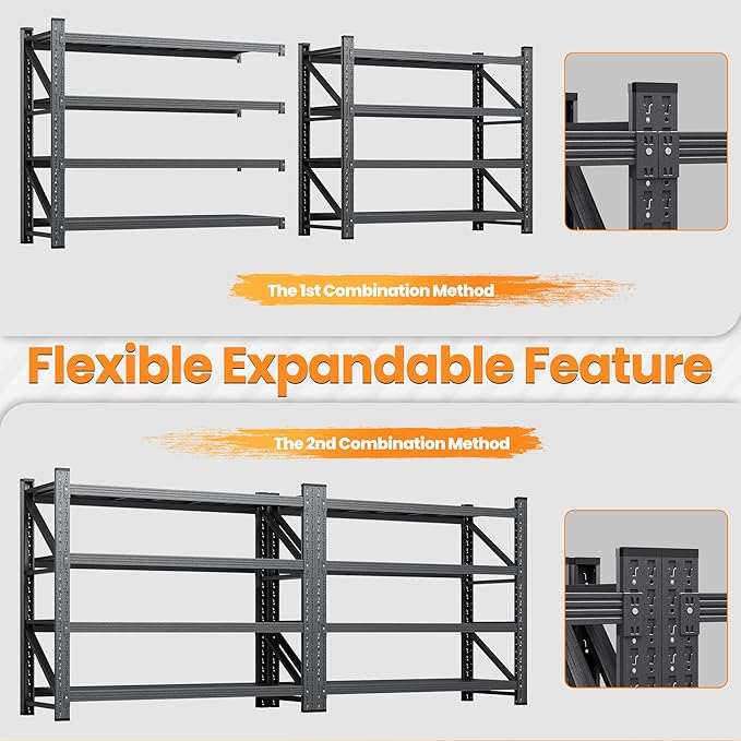 Set of 2 Storage Shelves, 48” Wide Heavy Duty Garage Shelving Units, 4 Tiers Rack Shelf, 24” Deep Steel Industrial Shelving, 3000LBS Adjustable Standing Shelf for Warehouse / Shop 48"W x 24"D x 70"H