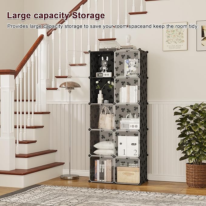 C&AHOME Cube Storage Organizer with Doors, 10-Cube Shelves, DIY Plastic Modular Bookshelf, Closet Clothes Storage Shelving Ideal for Bedroom, Living Room, Clover Embossed, Black