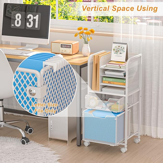 Rolling File Cart with 2 Drawers, White Rolling Cart with Drawers for Hanging File Folders, Letter-Size File Storage with Wheels, File Cabinet Organizer for Office and Home, White