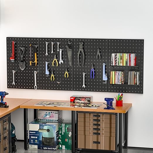 Pegboard Smith Metal Pegboard Panels, 16" x 12" Heavy-Duty Steel Peg Boards for Garage Tool Storage, Wall-Mounted Pegboard Organizer System (Pack of 4, Black)