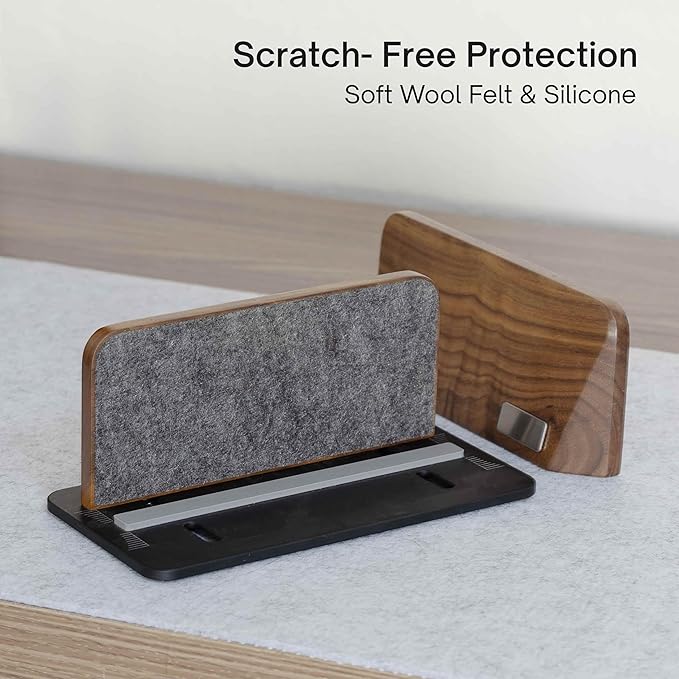 Vertical Laptop Stand, Black Walnut Wood Laptop Holder Vertical for Desk - Heavy Black Aluminum Base | Adjustable Dock (8-38mm) Fits Most Laptops, MacBooks (Black Base)