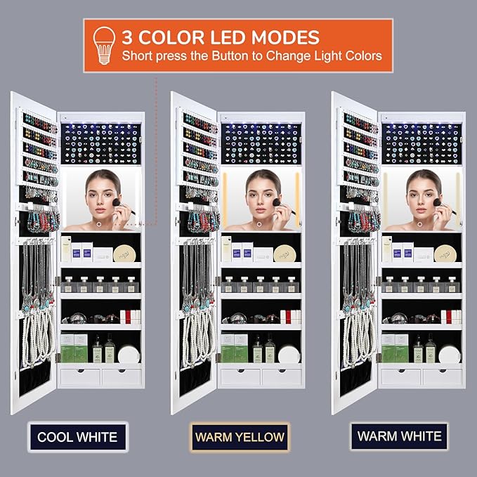 GISSAR Mirror Jewelry Cabinet, LED Wall Door Mount Full Length Jewelry Armoire with Makeup Mirror and Jewelry Storage, Large Capacity Lockable Jewelry Organizer, Vanity Mirror with Lights, White
