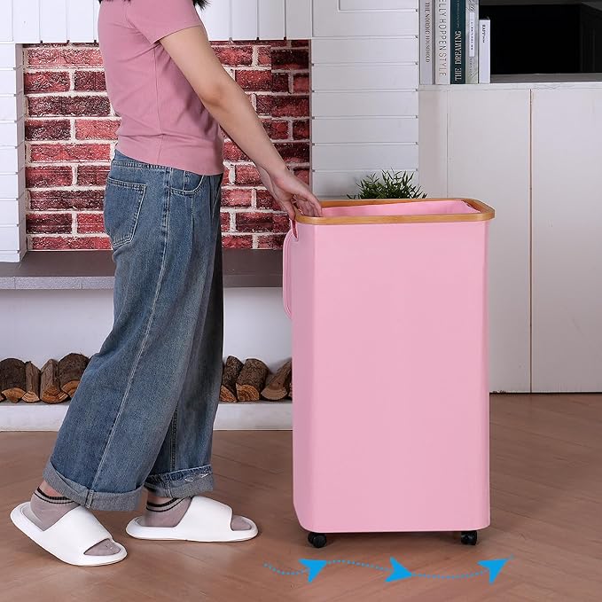 Laundry Basket with Wheels, 110L Clothes Hamper for Laundry, Laundry Hamper with Lid and Inner Bag, for Laundry Room, Bedroom, Dormitory Storage,Pink