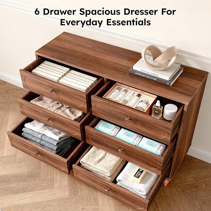 6 Drawer Dresser for Bedroom, 47" Wide Mid-Century Chest of Drawers with Solid Wood Legs, Dark Walnut Wood Dresser with 6 Storage Drawers for Bedroom, Living Room, TV Stand