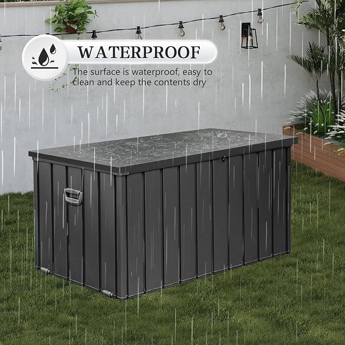 Domi 190 Gallon Deck Box, Metal Outdoor Storage Box with Lock Wheels Side Handles, Waterproof Outside Storage Box for Patio Cushions, Shoes & Pool Tools