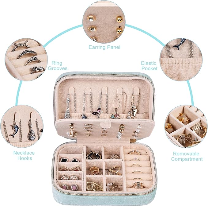 Dajasan Velvet Jewelry Boxes, Mini Travel Jewelry Case, Small Portable Travel Jewelry Organizer Box for Earrings Bracelets Rings Necklace (Cyan Blue)