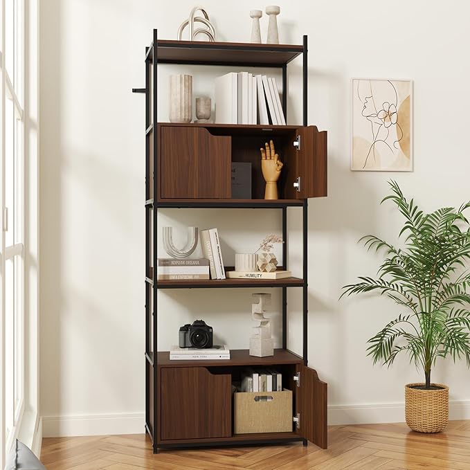 Bookcase with 4 Doors, 63" Tall Bookshelf with Storage Cabinet, 6 Tier Open Bookshelf for Display, Industrial Floor Standing Display Storage Shelves for Home Office, Living Room, Brown