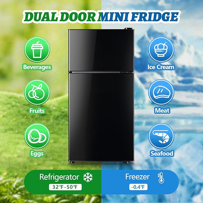 2.4 Cu.ft Mini Fridge with Top Freezer Apartment Size Dual Door Compact Refrigerator for Personal Use Small Fridge with Egg tray, 7 Temperature Control For Dorm, Black