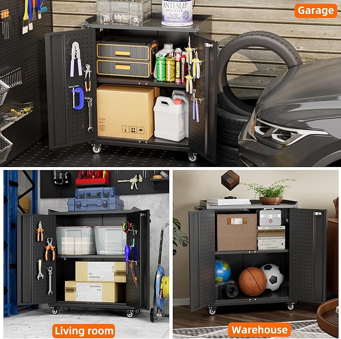 Aobabo 2 Door Metal Tool Storage Cabinet with Wheels, Locking Steel Rolling Tools Chest Garage Storage Cabinet with 1 Shelves, Assembly Required