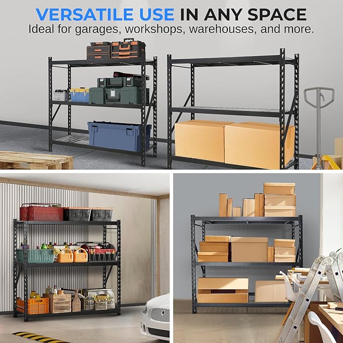 SereneLife Heavy Duty 3-Tier Metal Garage Shelving | 24" x 77" x 72" Extra Wide Adjustable Storage Utility | Freestanding Bulk Storage Rack | Open Wire Mesh Design | 2000 lbs. Capacity