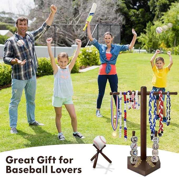 Wooden Baseball Ring & Necklace Holder – Championship Rings Display Stand for Softball & Baseball, Sports Ring Organizer Holder Gift for Players & Fans