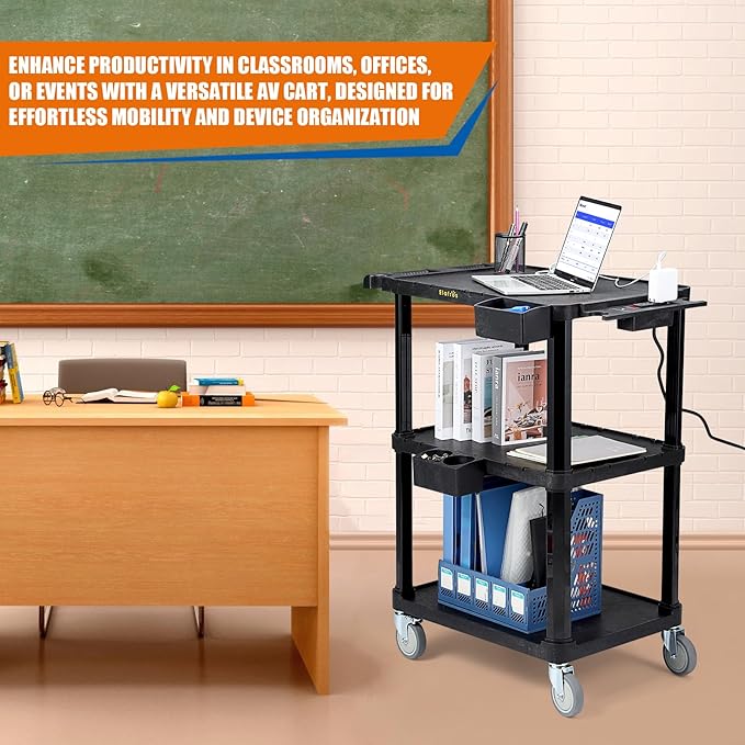 ELAFROS Heavy Duty 3-Tier AV Cart with Power Strip, 27.5 x 18.25 Inch, Industrial Plastic, 330 lbs Capacity, Flat Top Shelves with Swivel Wheels – Multipurpose Rolling cart
