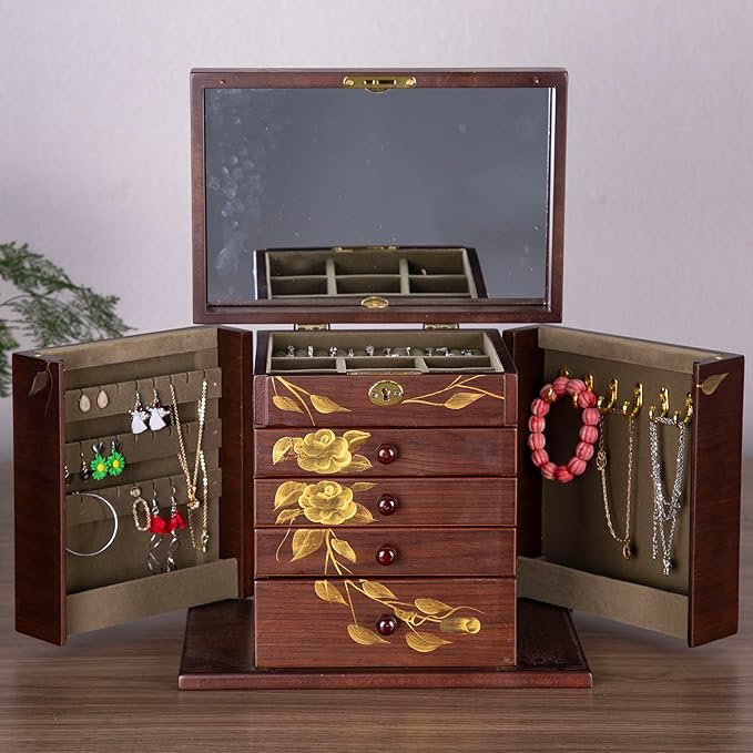 Wooden jewelry case Jewelry Box for Women Large Wood Organizer with Drawers and Mirror for Rings,Earrings, Necklaces,watches,jewelry boxes & organizers, Jewelry Boxes