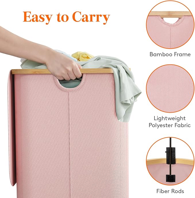 Lifewit 150L Laundry Basket with Lid, Clothes Hampers for Laundry with Bamboo Handles and 2 Removable Bags, Large Foldable Laundry Hamper for Bedroom, Bathroom, Dorm, Pink