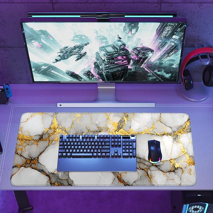 White Marble Mouse Pad – Large Extended Desk Mat 35.43 x 15.75 in – Elegant Gold Vein Design, Non-Slip Rubber Base, Waterproof Surface, Keyboard & Mouse Pad for Office, Gaming, Home Decor