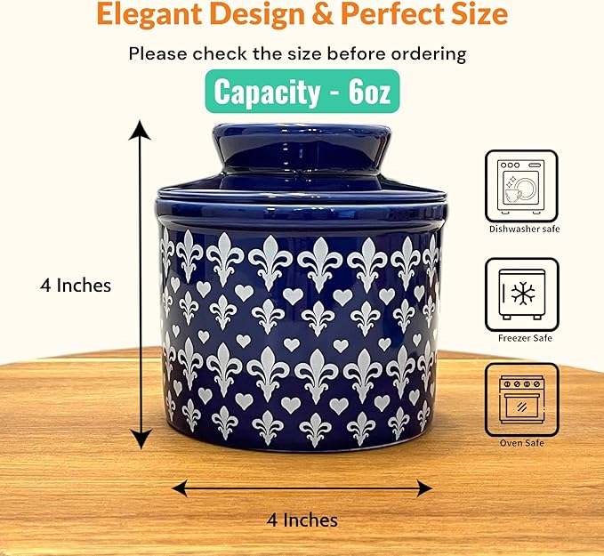 Butter Crock with Lid for Countertop, Butter Keeper Crock with Water, French Butter Dish Ceramic, Butter Holder with Lid for Spreadable Butter, Butter Container for Counter (Blue Fleur, Navy)