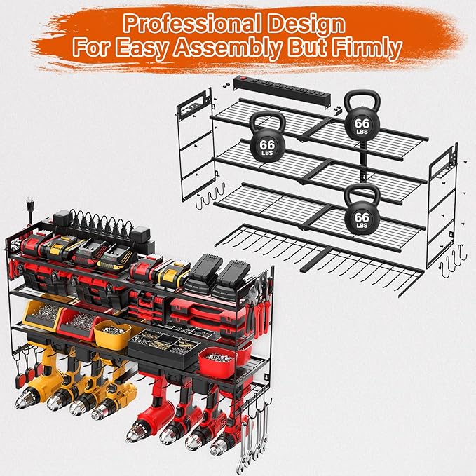 JUNNUJ Large Power Tool Organizer with 10 Outlet Power Strip, 4 Layer Wall Mount Drill Holder with Charging Station, 8 Drills Storage Shelf Shop Garage Utility Rack, Black
